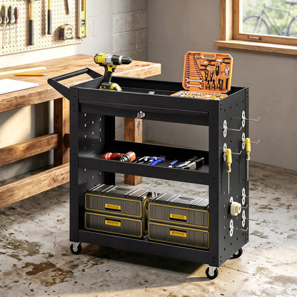 3-Tier Shelf Tool Cart with Pegboards and Drawer, Storage Trolley Wheel Cart with Brakes for Garage Workshop Warehouse, Black