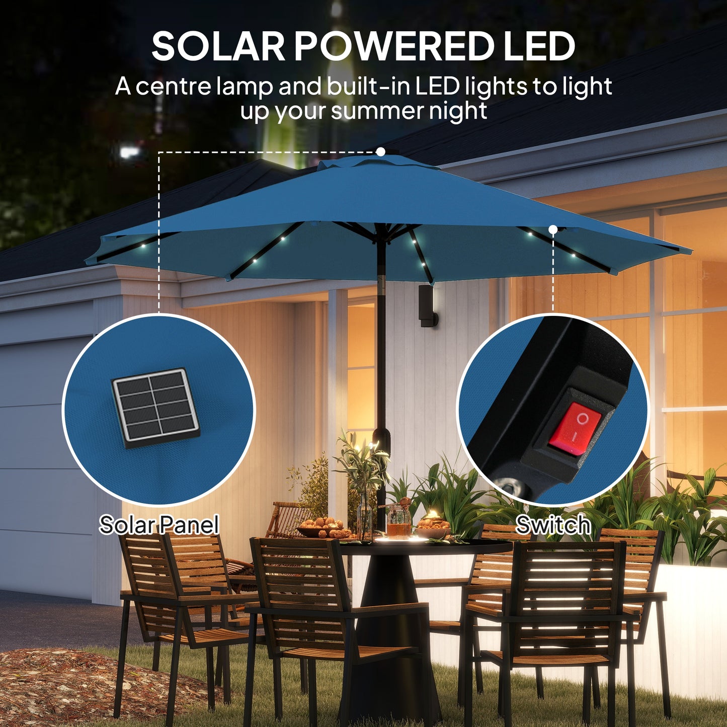 24 LED Solar Powered Parasol Umbrella Garden Tilt Outdoor String Light