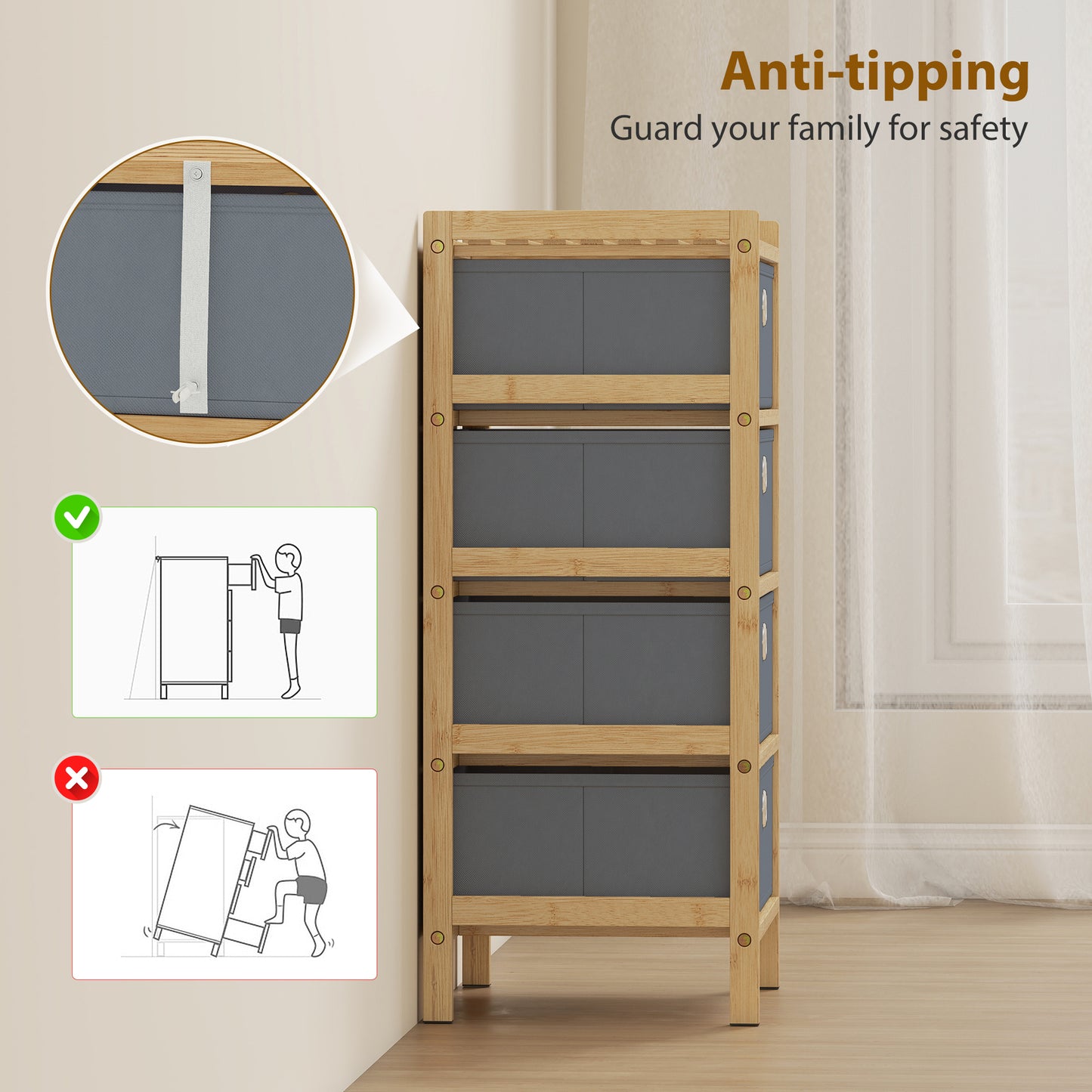 Chest of Drawers, 4 Drawers Dresser with Bamboo Frame, Light Grey