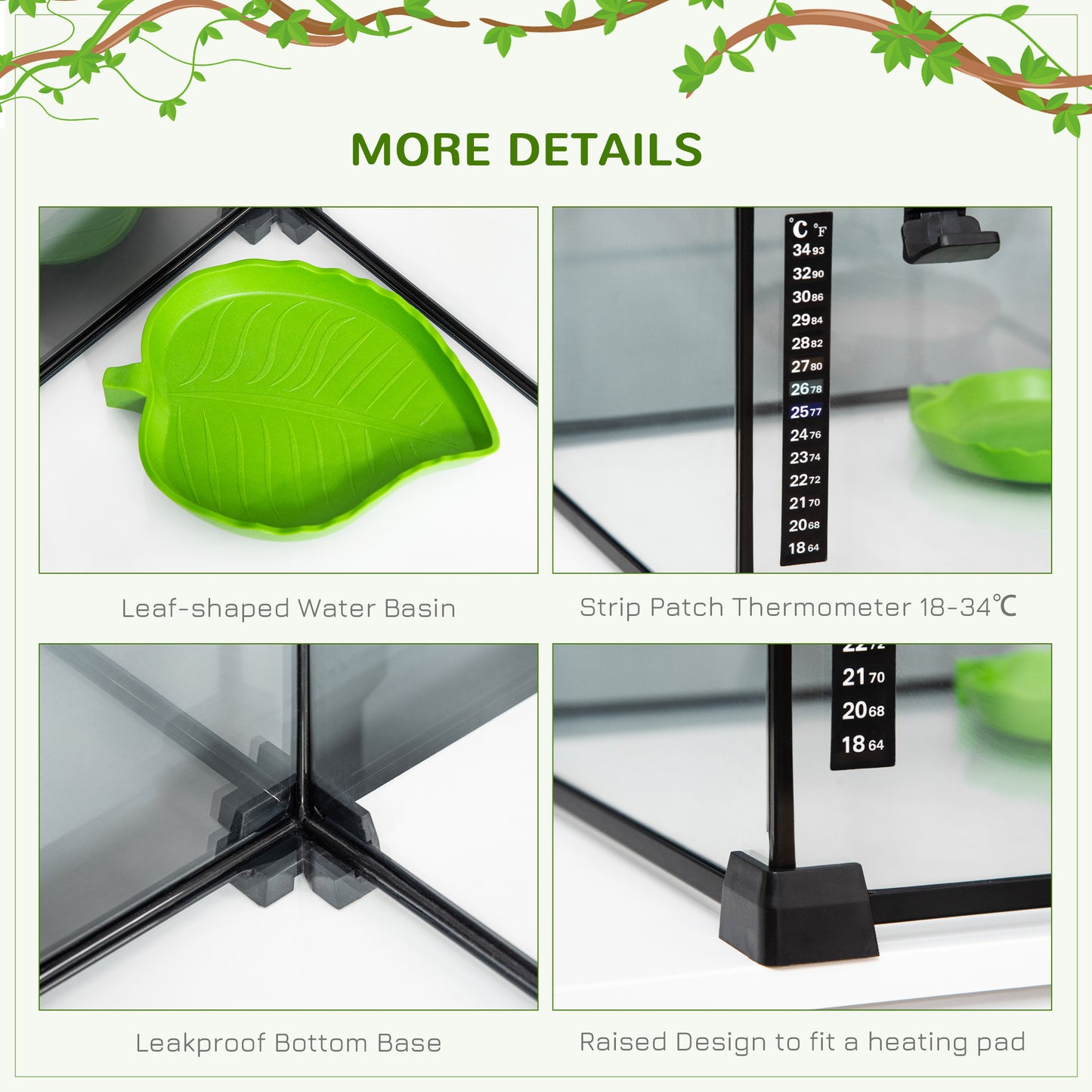 Glass Reptile Terrarium Insect Breeding Tank Vivarium Habitats with Thermometer for Lizards, Horned Frogs, Snakes, Spiders - Large 50 x 30 x 35cm