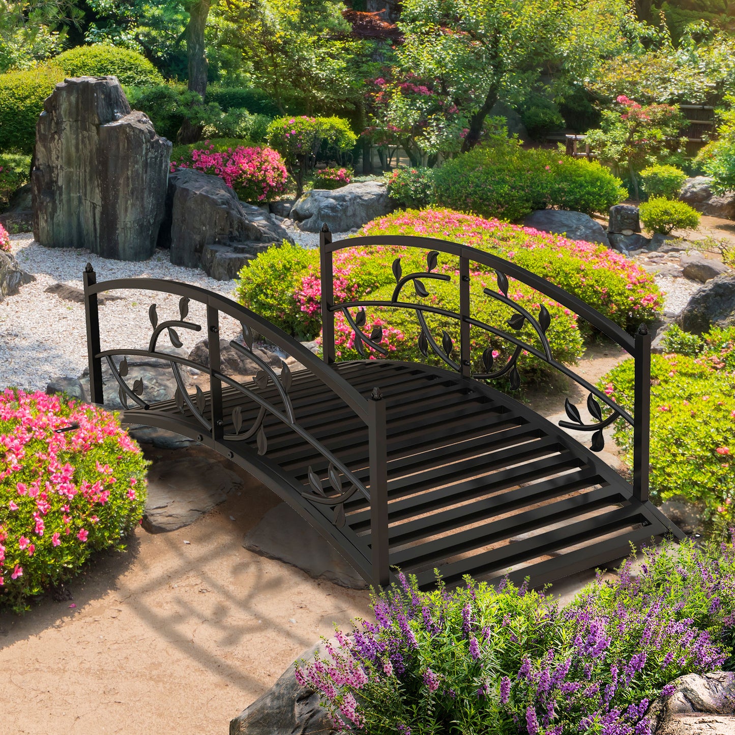 1.2M Metal Decorative Vine Pattern Arch Garden Bridge, Black