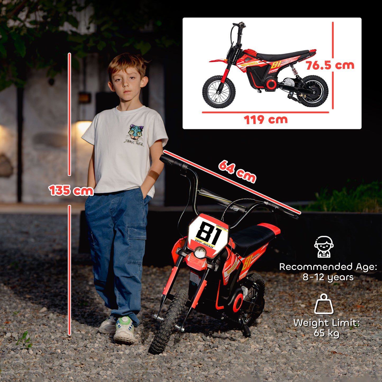Kids Electric Motorbike, 24V Battery Powered Dirt Bike with 250W Motor, 6-16km/h, 7AH Batteries, 12" Inflatable Tires and Rear Suspension, Ride On Motorcycle for 8-12 Years Old, Red