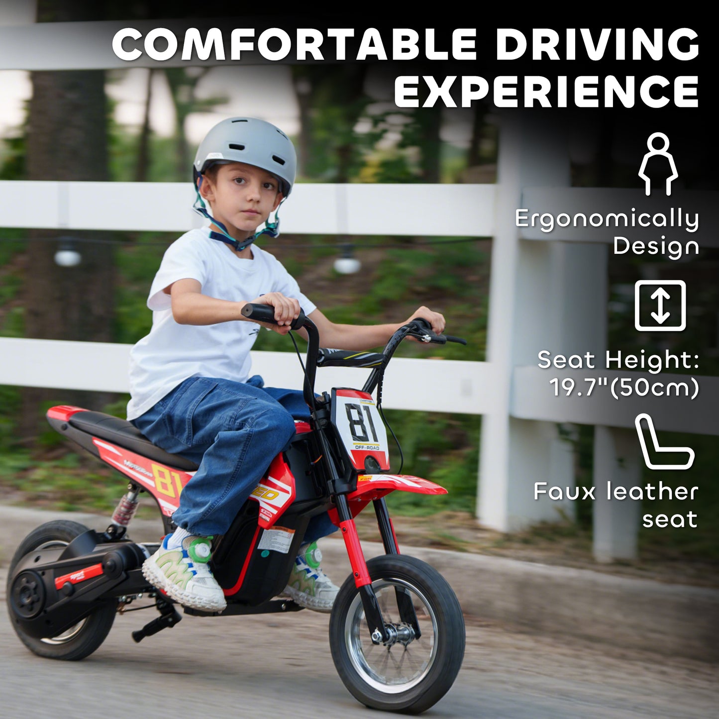 Kids Electric Motorbike, 24V Battery Powered Dirt Bike with 250W Motor, 6-16km/h, 7AH Batteries, 12" Inflatable Tires and Rear Suspension, Ride On Motorcycle for 8-12 Years Old, Red