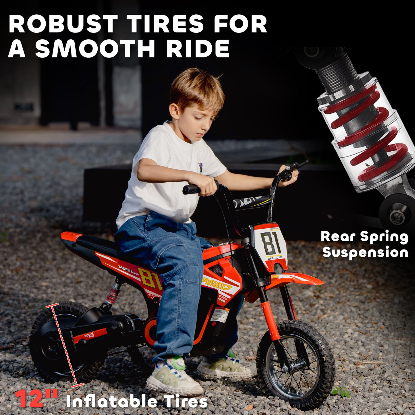 Kids Electric Motorbike, 24V Battery Powered Dirt Bike with 250W Motor, 6-16km/h, 7AH Batteries, 12" Inflatable Tires and Rear Suspension, Ride On Motorcycle for 8-12 Years Old, Red
