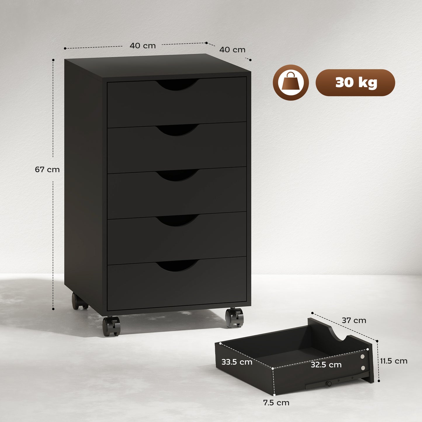 Mobile Vertical Filing Cabinet with 5 Drawers for Home Office, Black