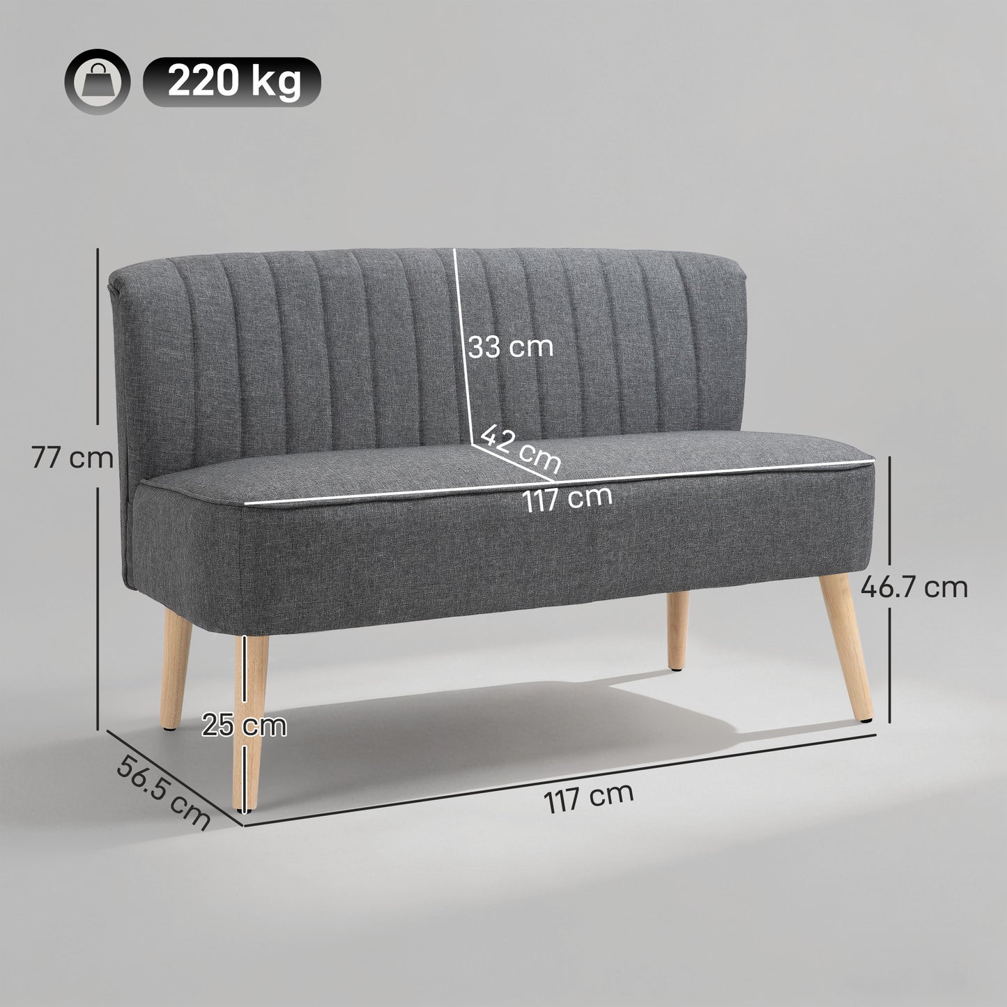 46" Loveseat Sofa 2 Seater Sofa with Padded Seat, Grey