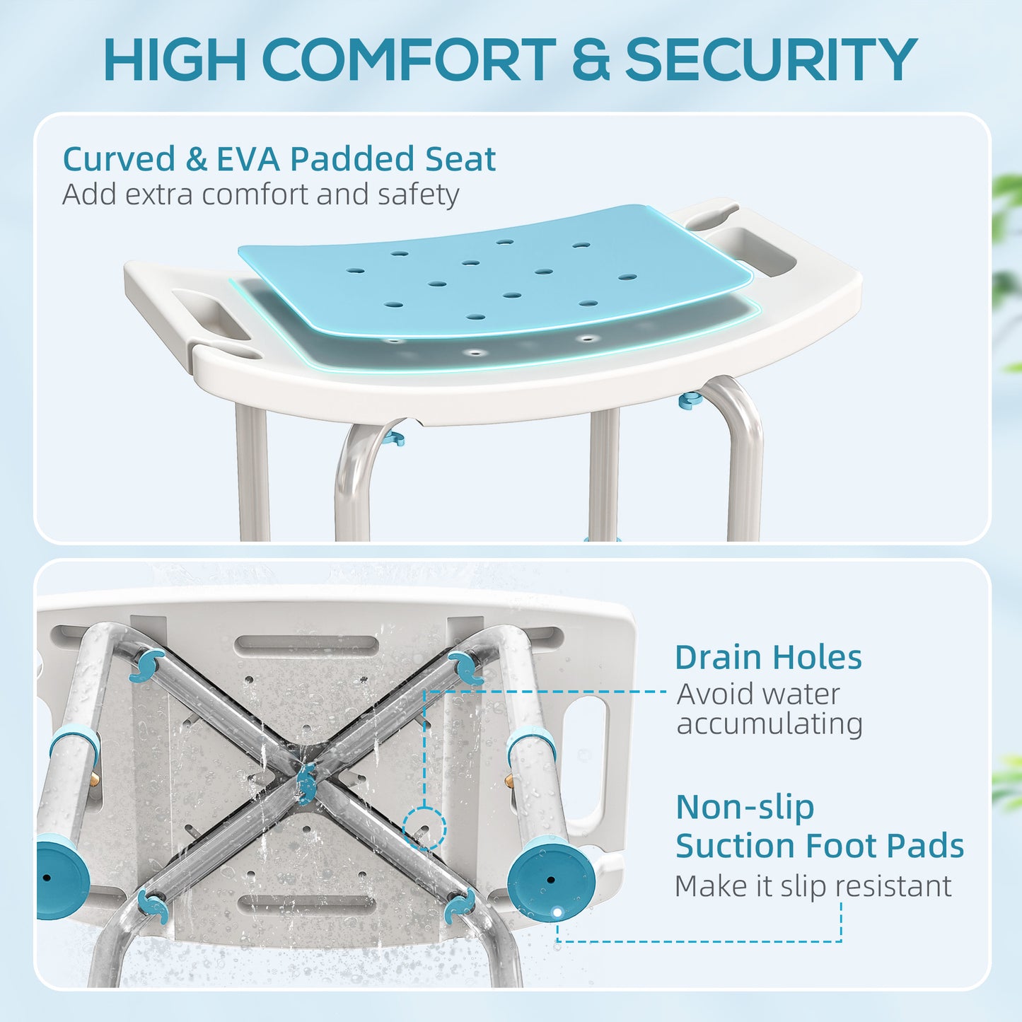 Adjust Aluminium Bath Stool Shower Non-Slip w/ Shower Hole, Turquoise