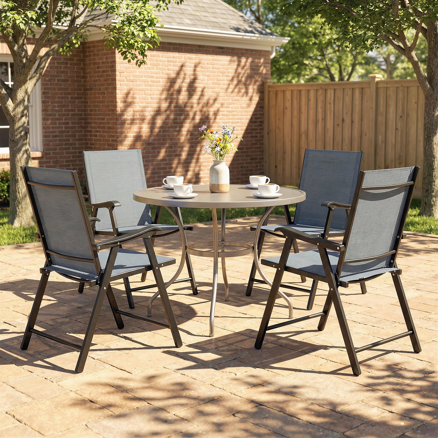 Folding Garden Chairs Set of 4 with High Back, Armrests, Light Grey
