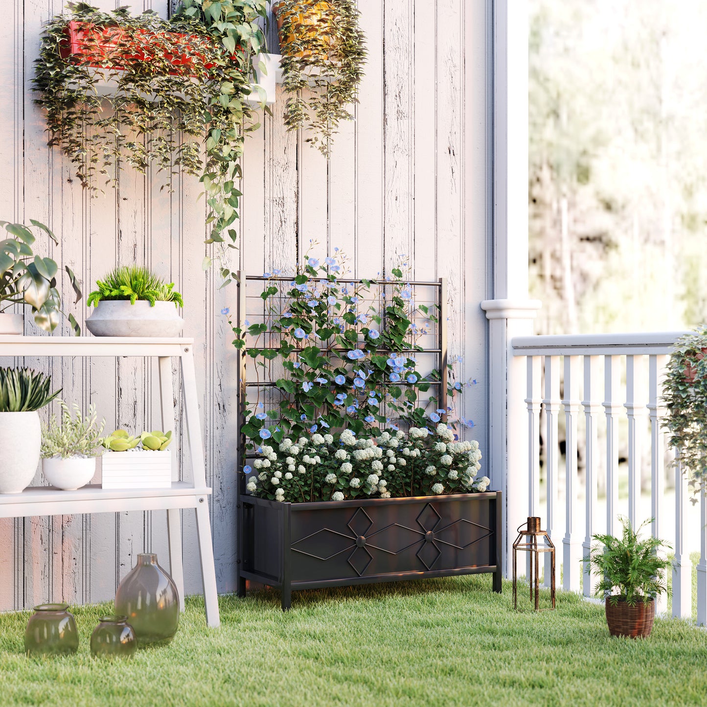 Metal Raised Garden Bed Planter Box with Trellis, 90 x 40 x 120 cm