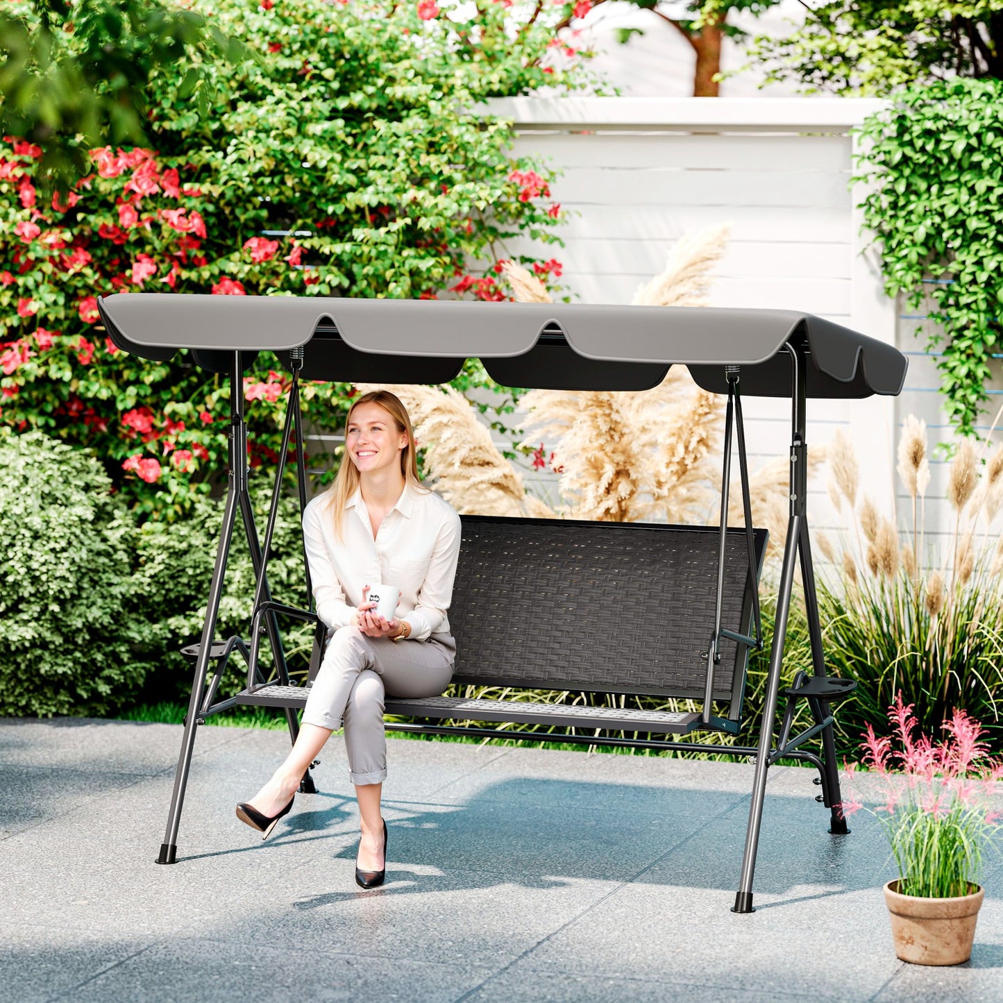 3 Seater Garden Swing Seat Bench w/ Adjustable Canopy, Grey