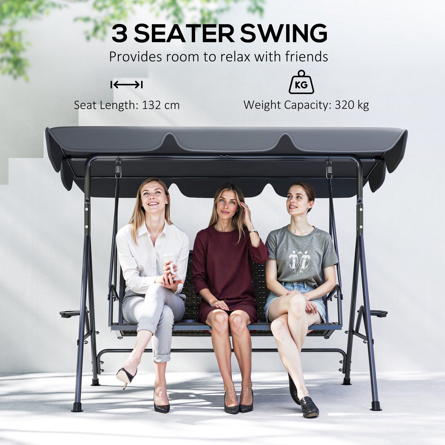 3 Seater Garden Swing Seat Bench w/ Adjustable Canopy, Grey