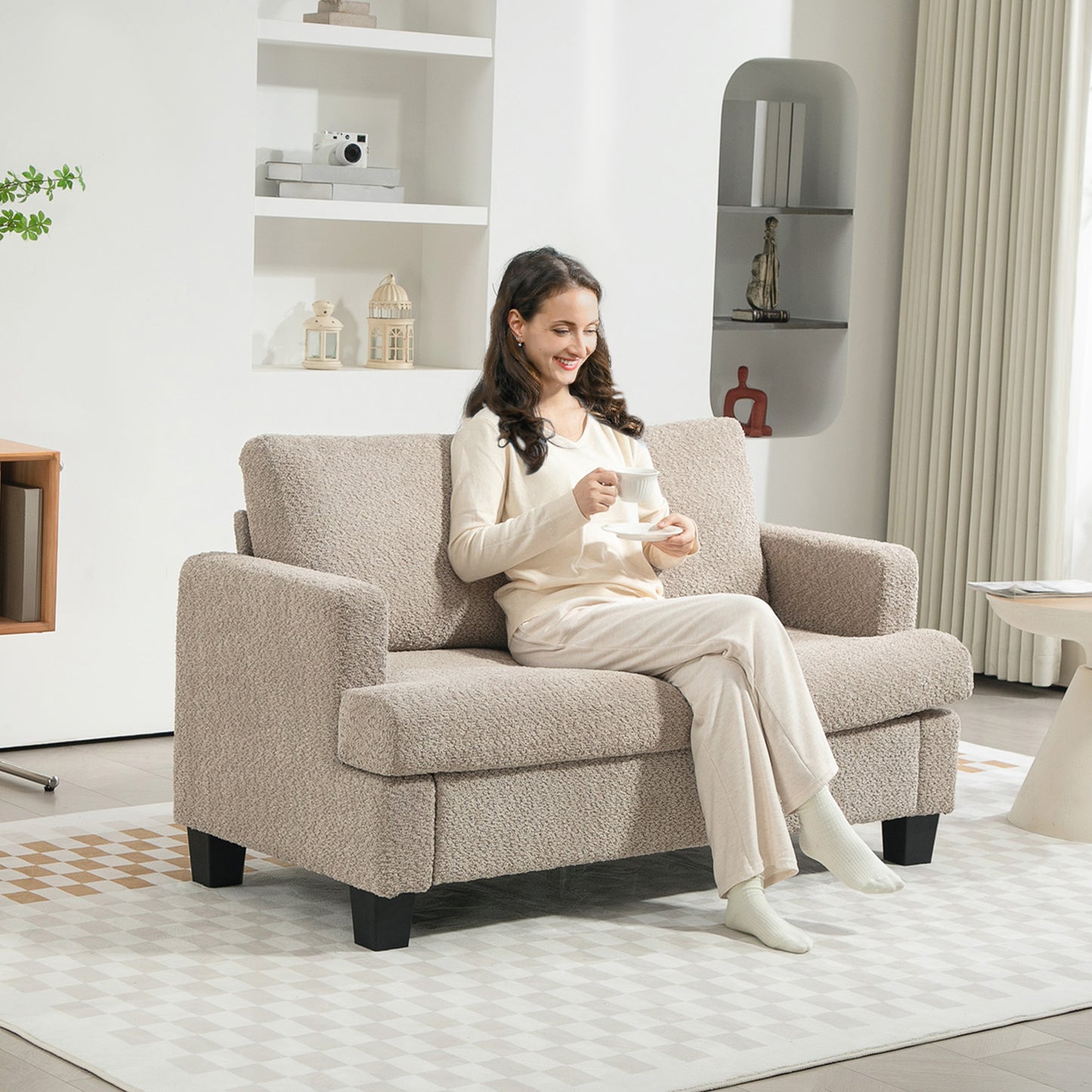 138 cm Chenille Fabric Loveseat Sofa with S-springs, Light Brown