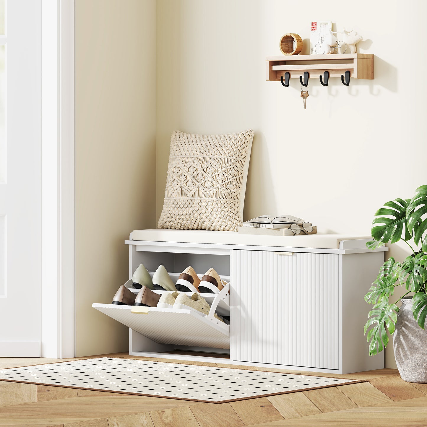 Shoe Storage Bench with Cushion and Flip-Drawer 104x26x47.5cm White