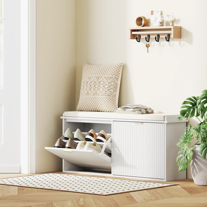 Shoe Storage Bench with Cushion and Flip-Drawer 104x26x47.5cm White
