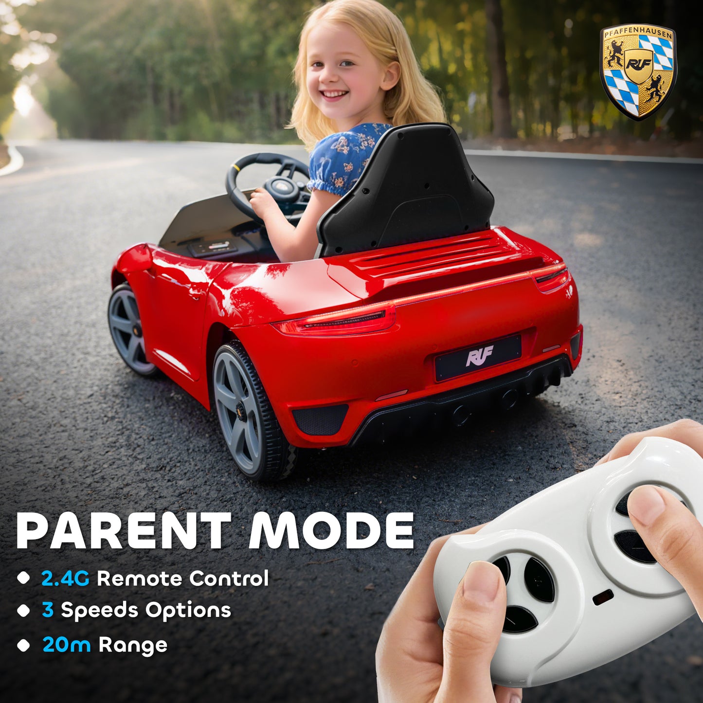 RUF GT Licensed Electric Car for Kids, 12V Kids Ride on Car with Suspension System, Remote Control, Music, Horn, USB, Slow Start and Safety Belt for 3-5 Years Old Boys and Girls, Red