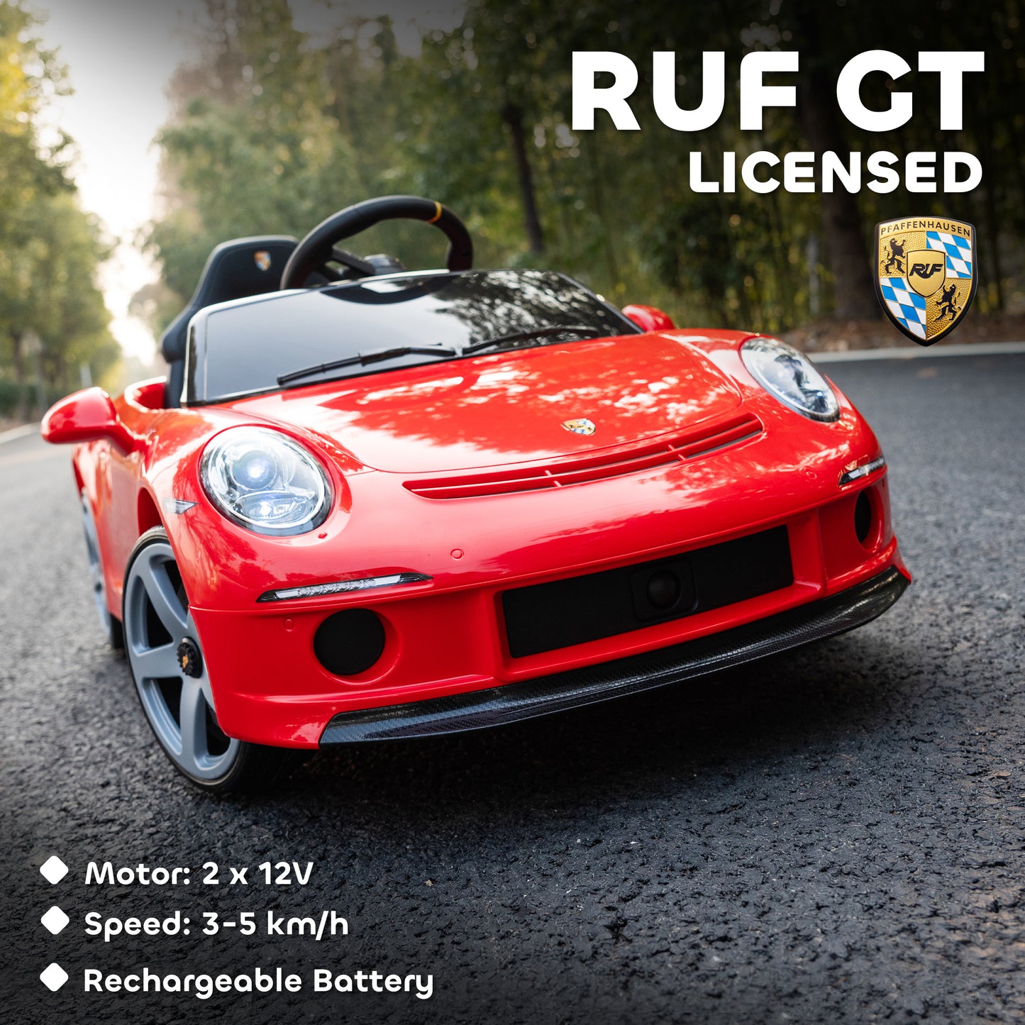 RUF GT Licensed Electric Car for Kids, 12V Kids Ride on Car with Suspension System, Remote Control, Music, Horn, USB, Slow Start and Safety Belt for 3-5 Years Old Boys and Girls, Red