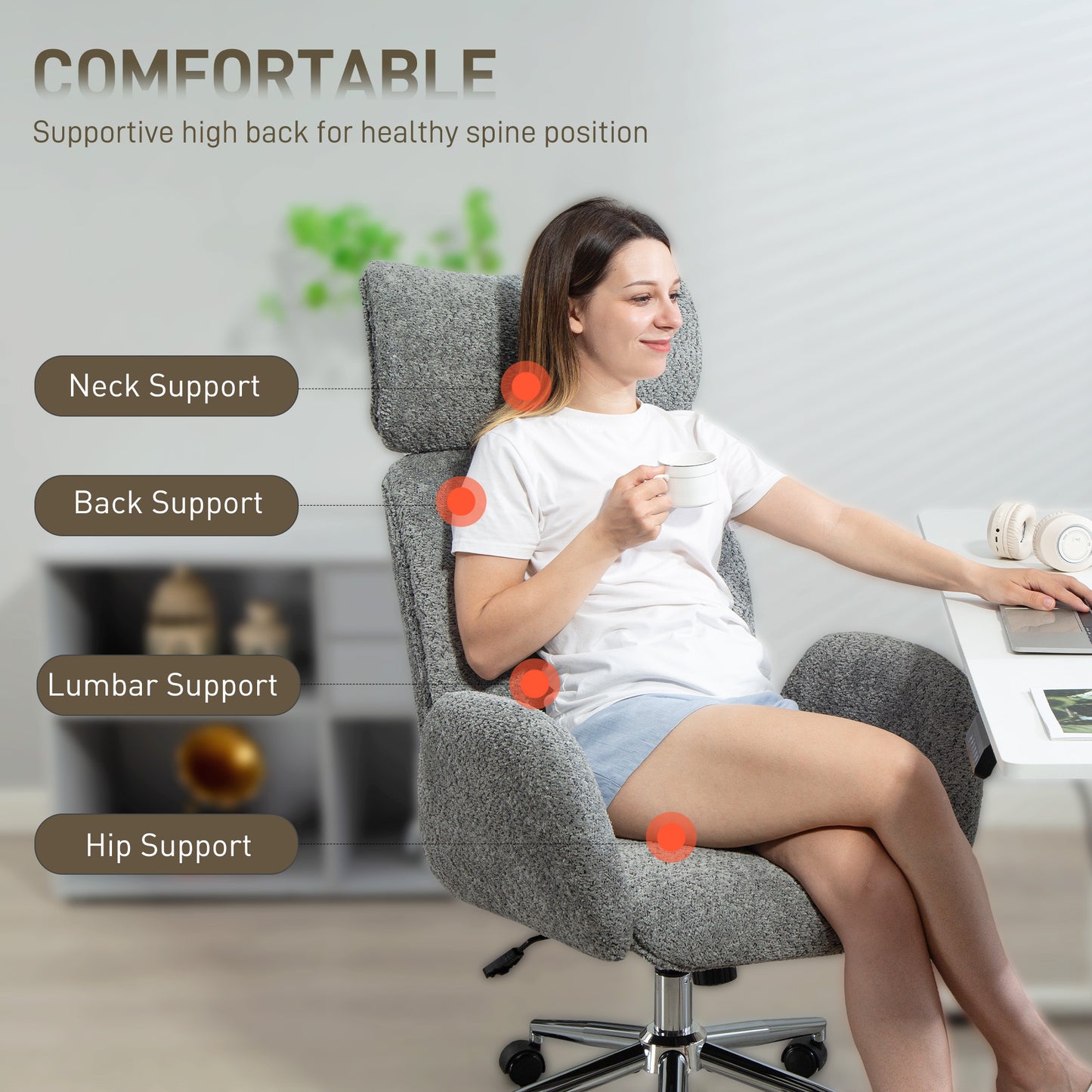 Office Chair with Adjustable Headrest, Comfy Desk Chair, Dark Grey