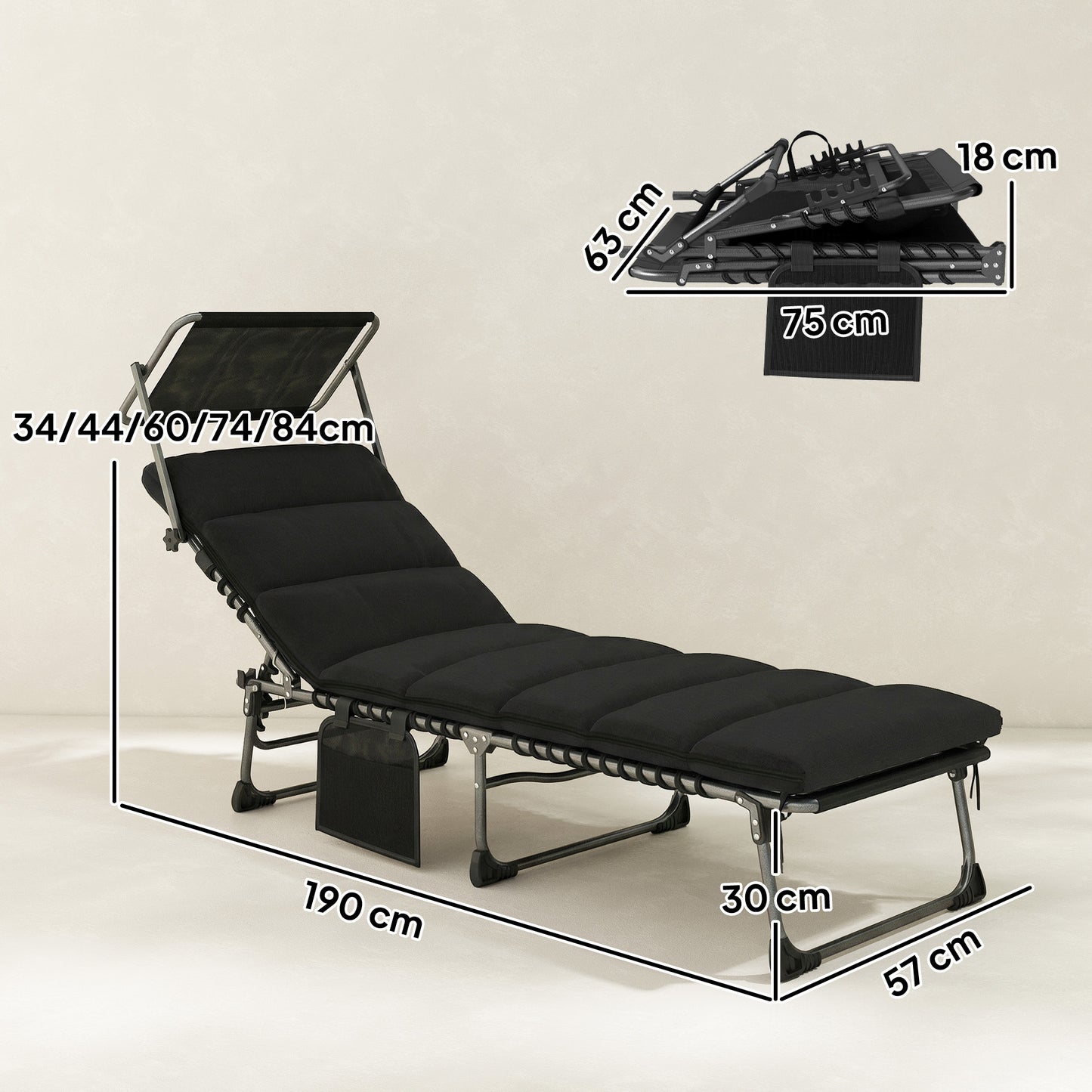 Folding Sun Lounger, Sunbed with Canopy, Black