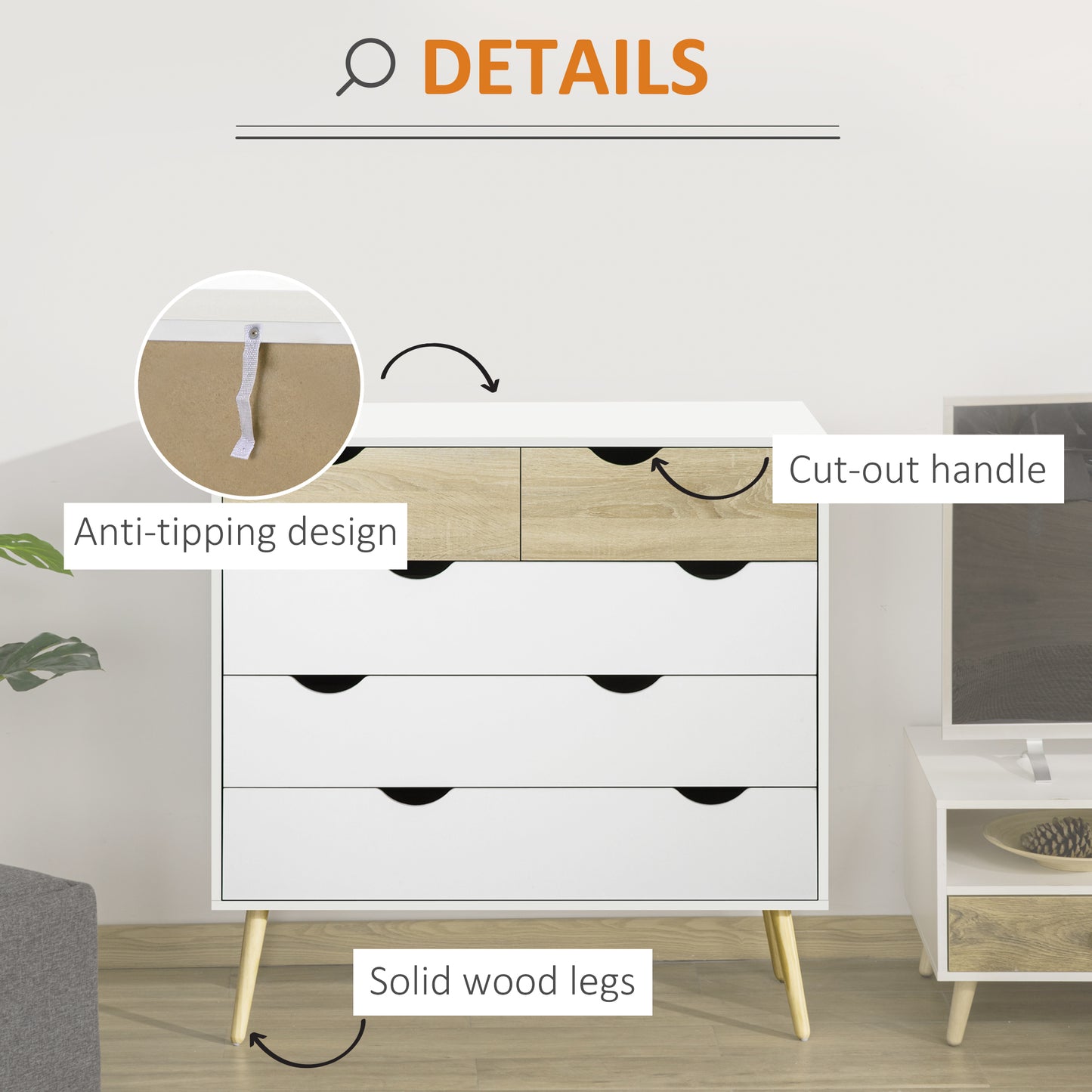 Chest of Drawers, 5 Drawer Storage Cabinet Unit Bedroom Living Room