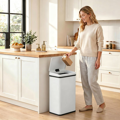 40L Sensor Bin with Quiet Soft-Close Lid, Automatic Touchless Motion Sensor Kitchen Bin with Fingerprint Resistant Stainless Steel for Hygienic Gyms, Home Office Use, White