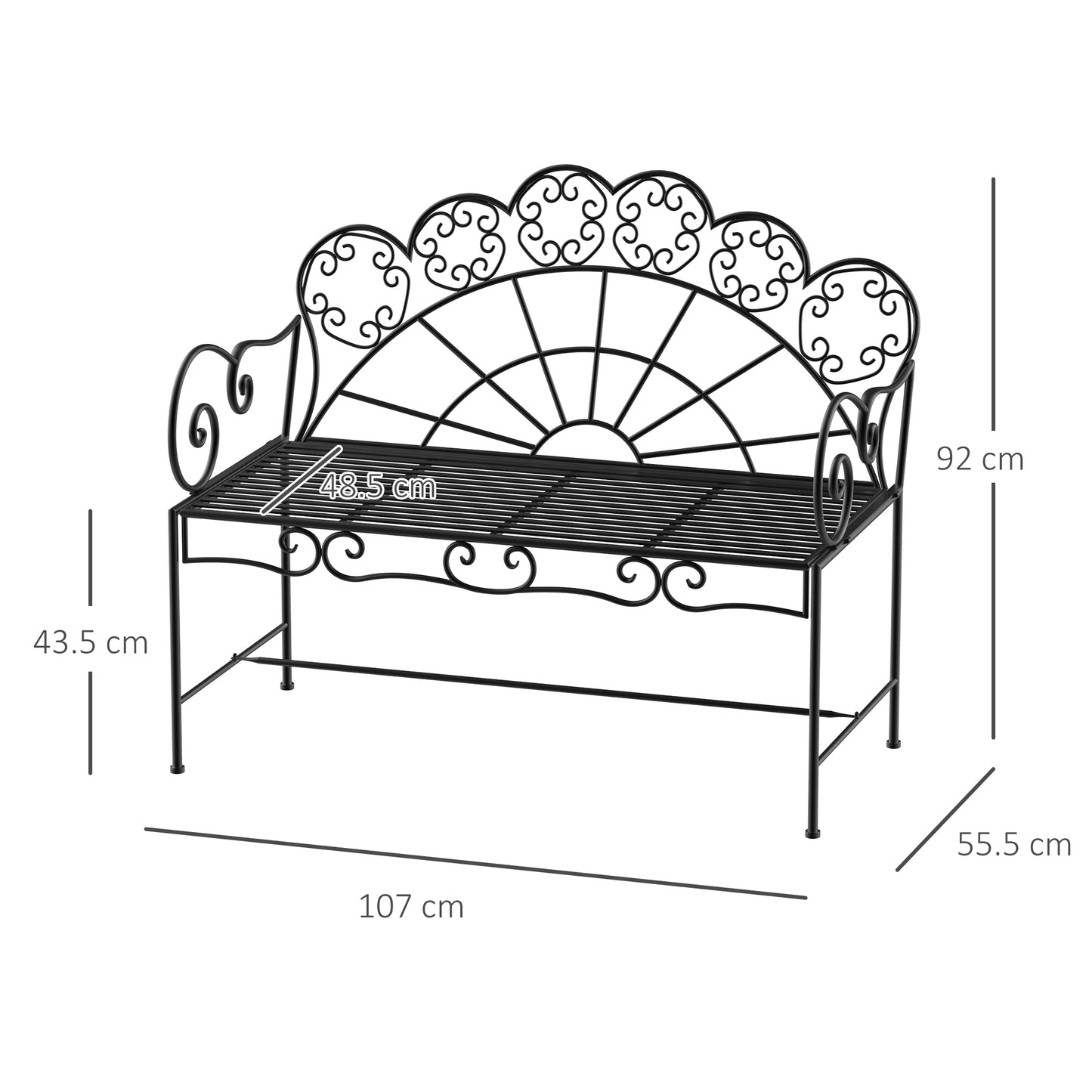 Garden Bench, Metal Outdoor Patio Garden Loveseat, Black