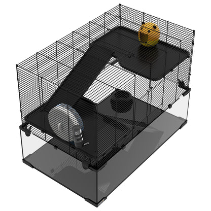 3 Tiers Hamster Cage, Gerbil Cage with Deep Glass Bottom, Non-Slip Ramps, Platforms, Hut, Exercise Wheels, Water Bottle, Dish, for Syrian Hamster, Dwarf Hamster, 78.5 x 48.5 x 57cm