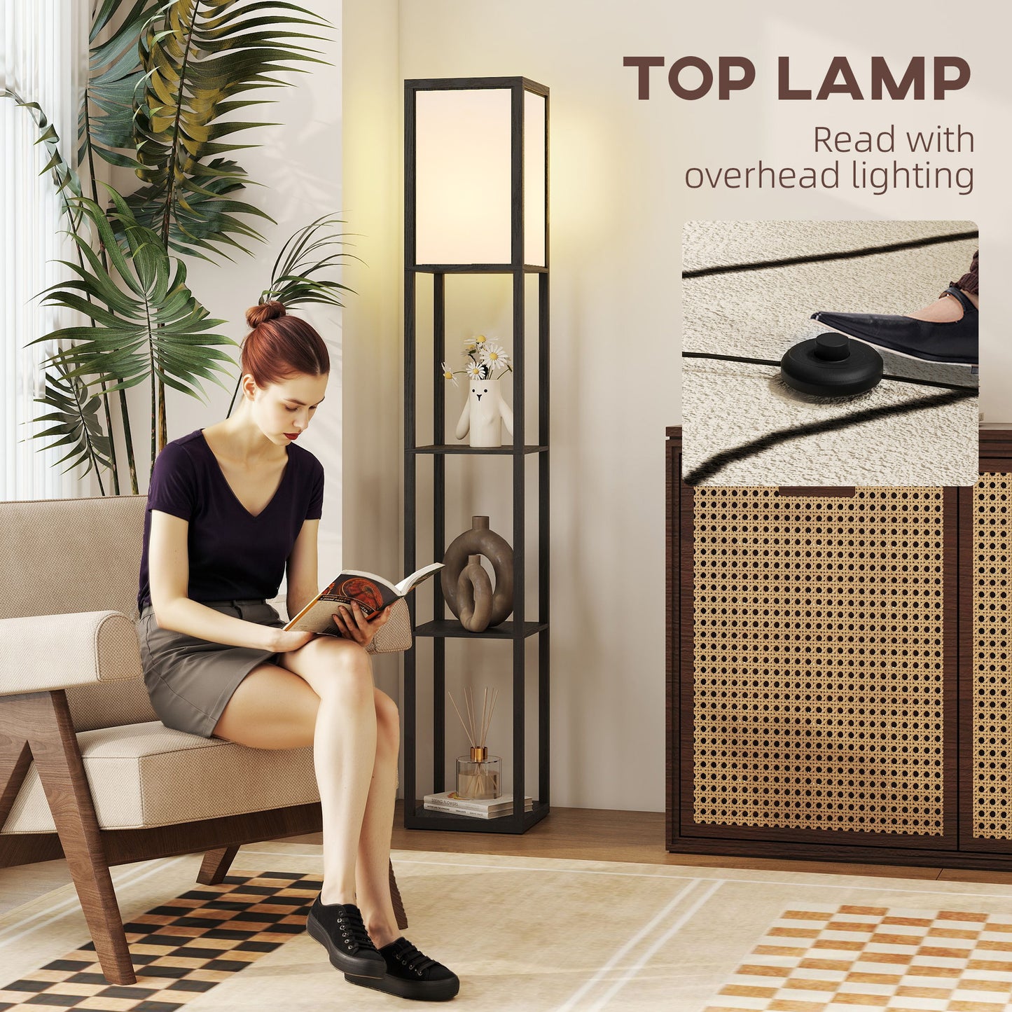 Floor Lamp with 3-Tier Storage Shelf for Home Office, Black