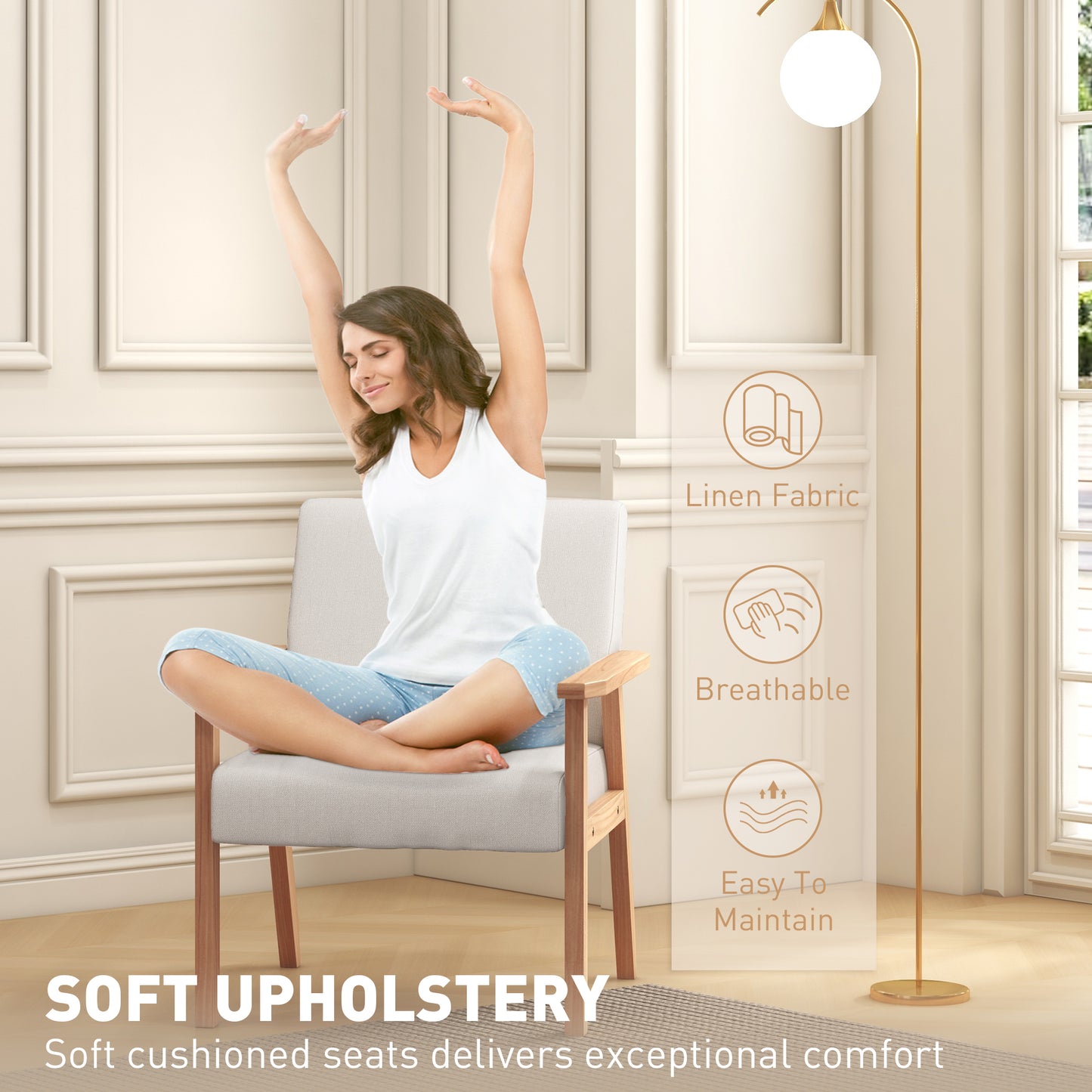 Accent Chair with Wood Frame Wide Seat Linen Armchair Cream White