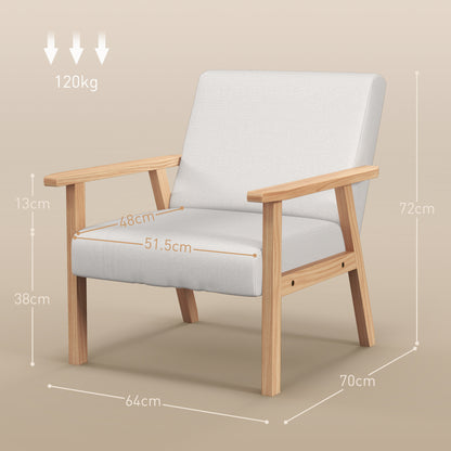 Accent Chair with Wood Frame Wide Seat Linen Armchair Cream White
