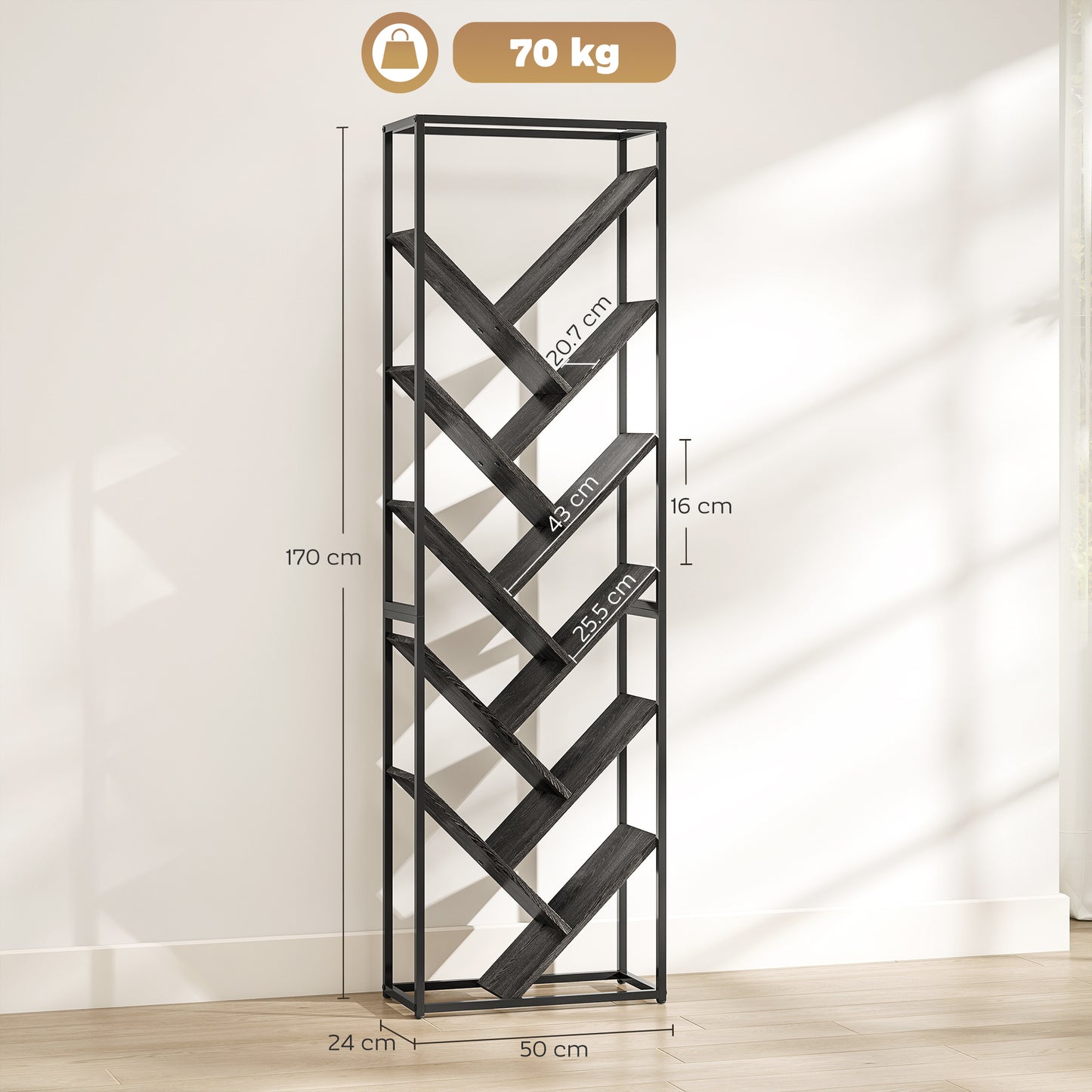 10 Tier Tree Bookshelf Industrial Tall Bookcase Grey Black