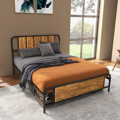 25.5cm Double Bed Frame, Industrial Bed Base with Headboard, Footboard, Steel Slat Support and Under Bed Storage, 145 x 199cm, Rustic Brown