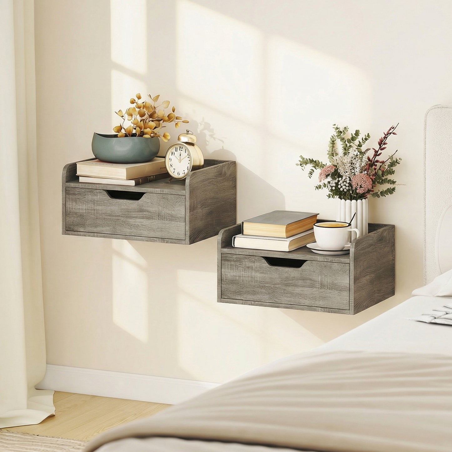 Floating Nightstands Set of 2, Nightstand with Drawer, Grey