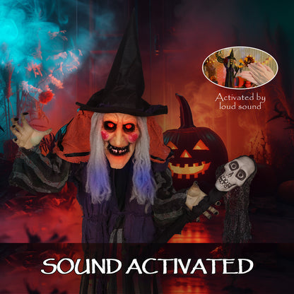 Voice Activated Halloween Animatronics Standing Witch & Skull Staff