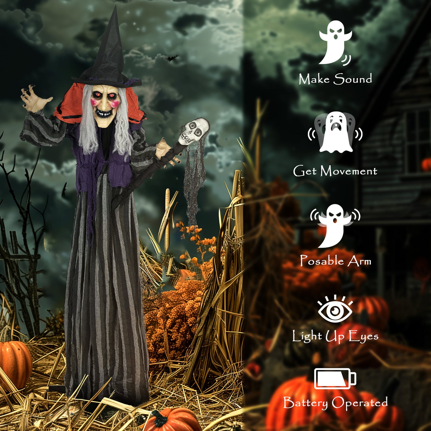 Voice Activated Halloween Animatronics Standing Witch & Skull Staff