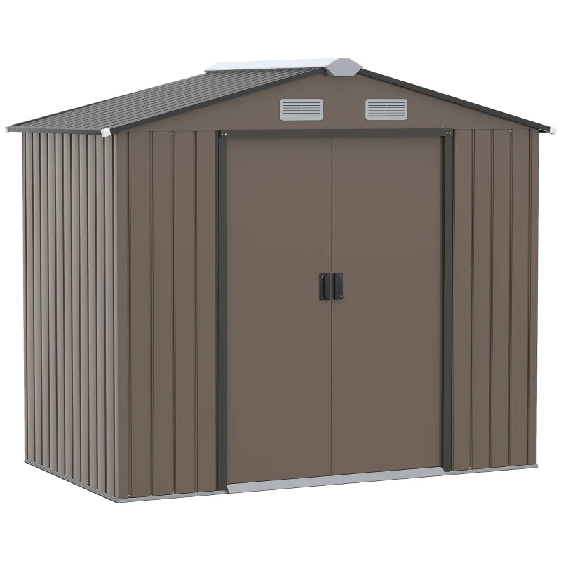 7 x 4ft Garden Metal Storage Shed with Ventilation Slots, Floor Foundation and Lockable Double Doors, Brown