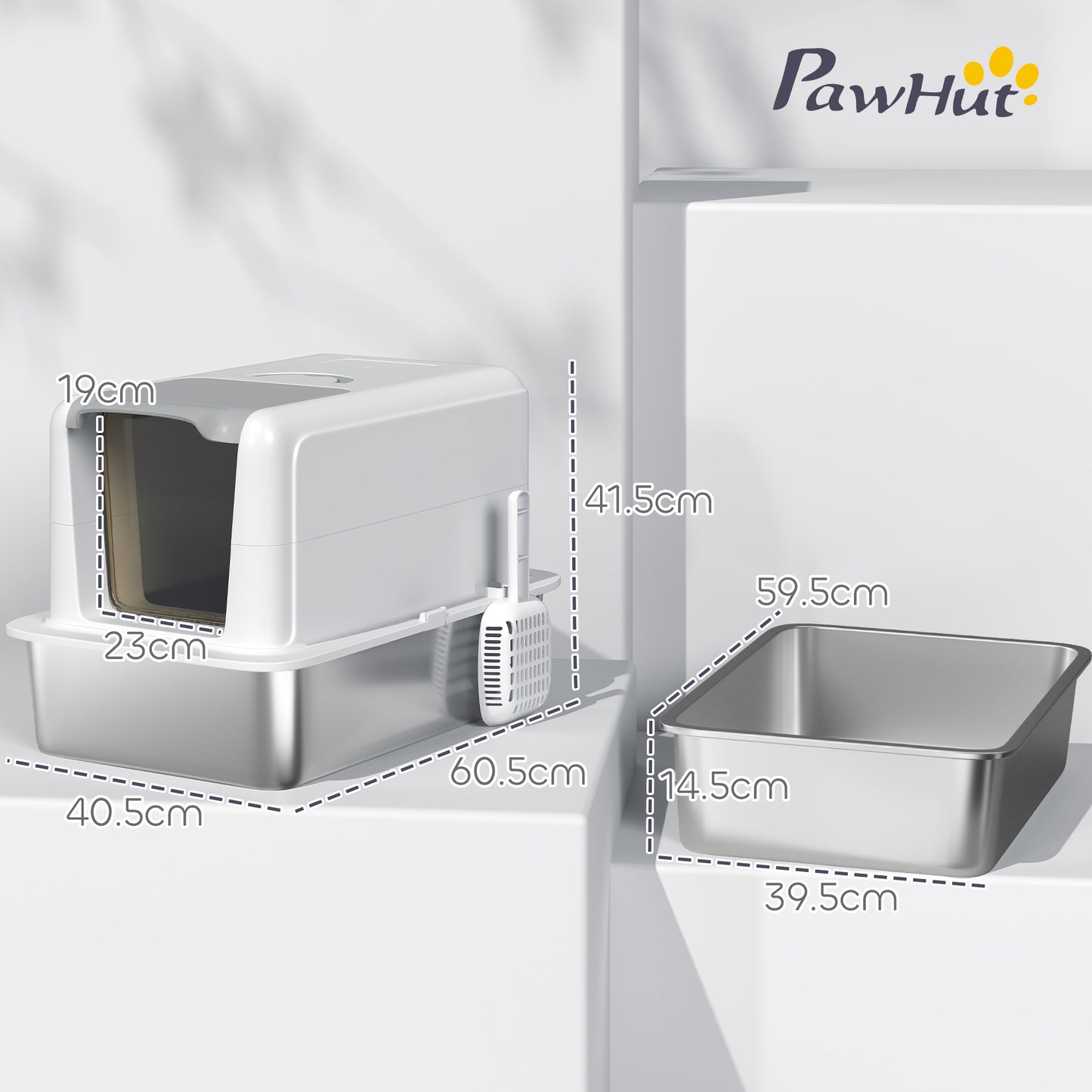 Stainless Steel Cat Litter Box with Removable Lid, Scoop, White