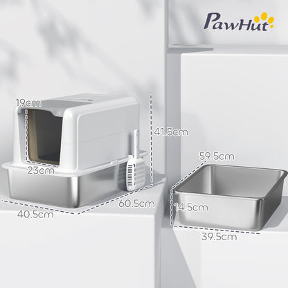 Stainless Steel Cat Litter Box with Removable Lid, Scoop, White