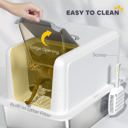 Stainless Steel Cat Litter Box with Removable Lid, Scoop, White