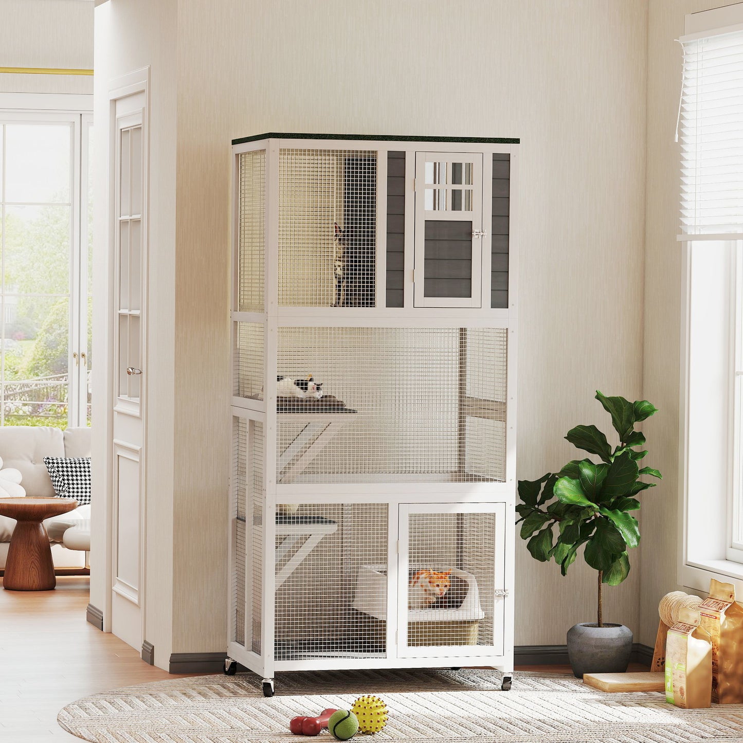 Wooden Cat House with Asphalt Roof, Cat Cage for Multiple Cats White