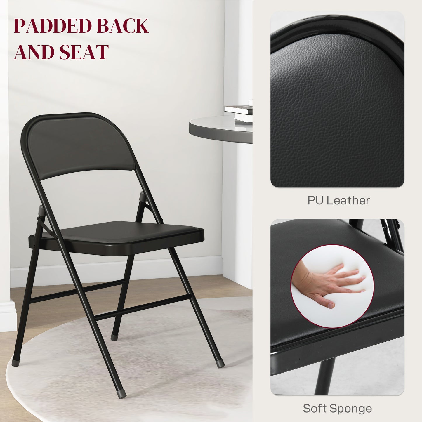 2 Pack Padded Folding Chairs with Cushioned Seat and Metal Frame Black