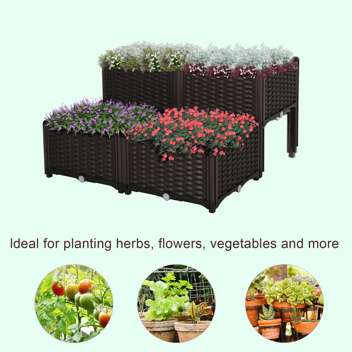 4-piece Elevated Flower Bed Vegetable Herb Planter Plastic, Brown