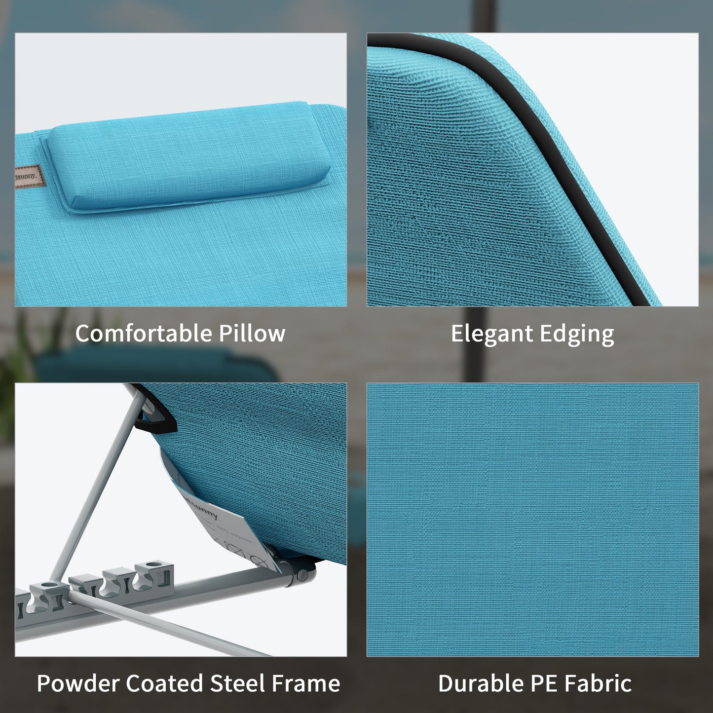 Set of 2 Foldable Garden Beach Chair Mat Lightweight Outdoor Sun Lounger Seats Adjustable Back Metal Frame PE Fabric Head Pillow, Sky Blue