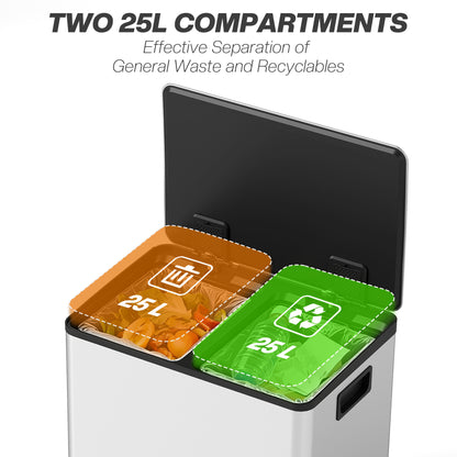 2 x 25L Double Kitchen Bin, Pedal Bin with Soft-Close Lid, Silver