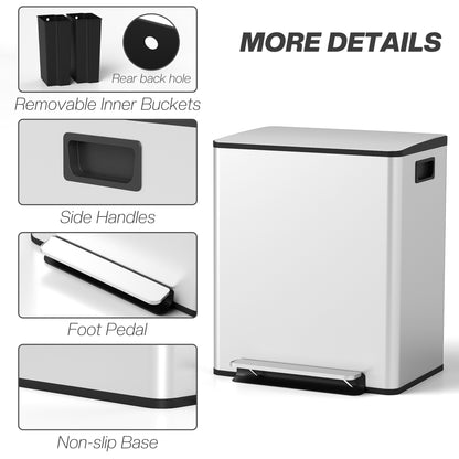 2 x 25L Double Kitchen Bin, Pedal Bin with Soft-Close Lid, Silver