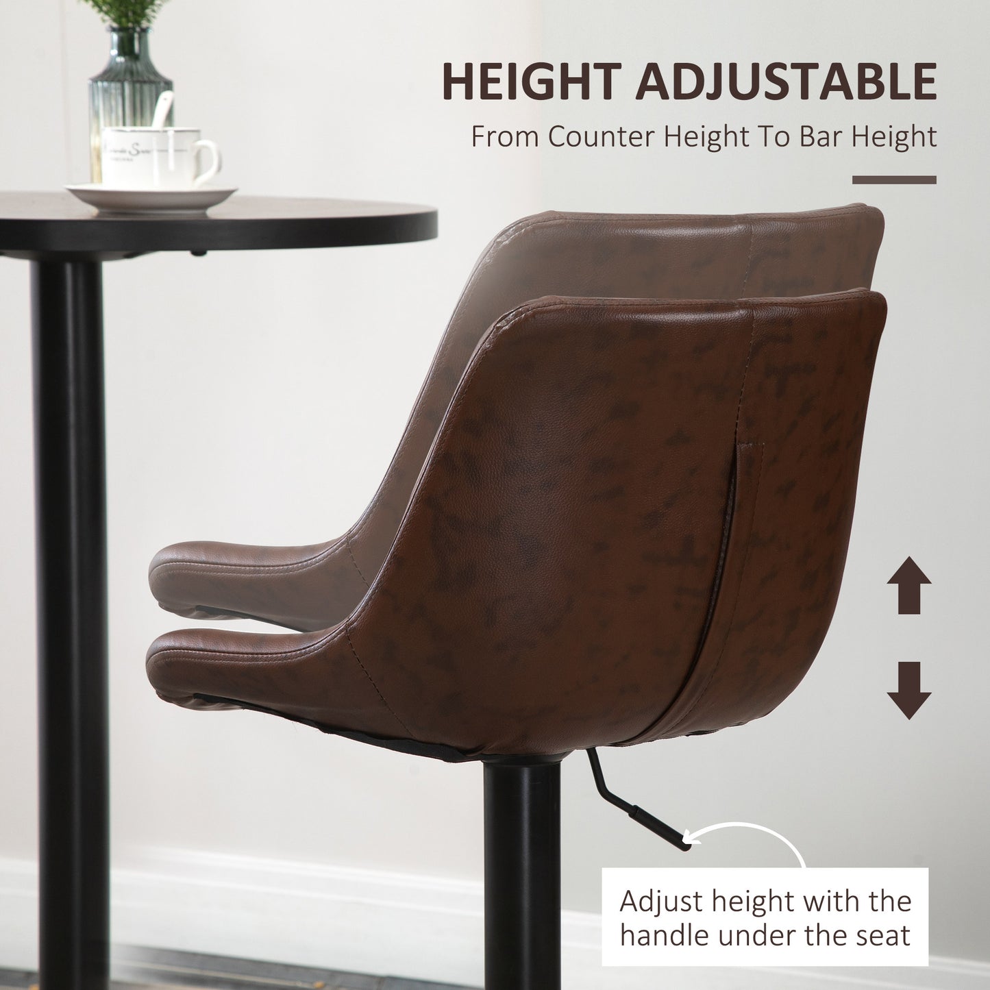 Modern Swivel Bar Stools Set of 2 Adjustable Height PU Bar Chairs Brown