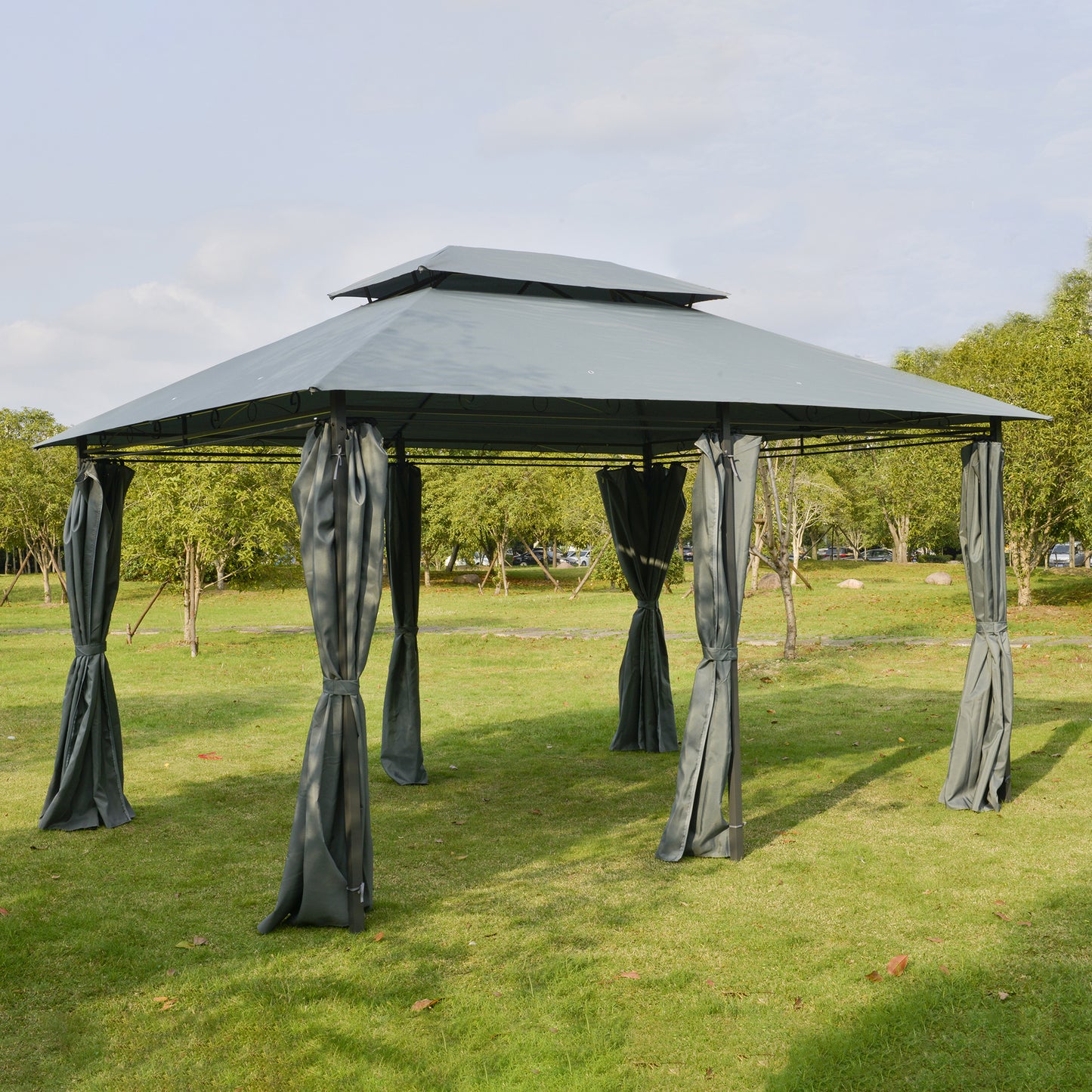 Outsunny 4m x 3(m) Steel Gazebo Canopy Party Tent Garden Pavillion Patio Shelter Pavilion with Curtains Sidewalls Grey