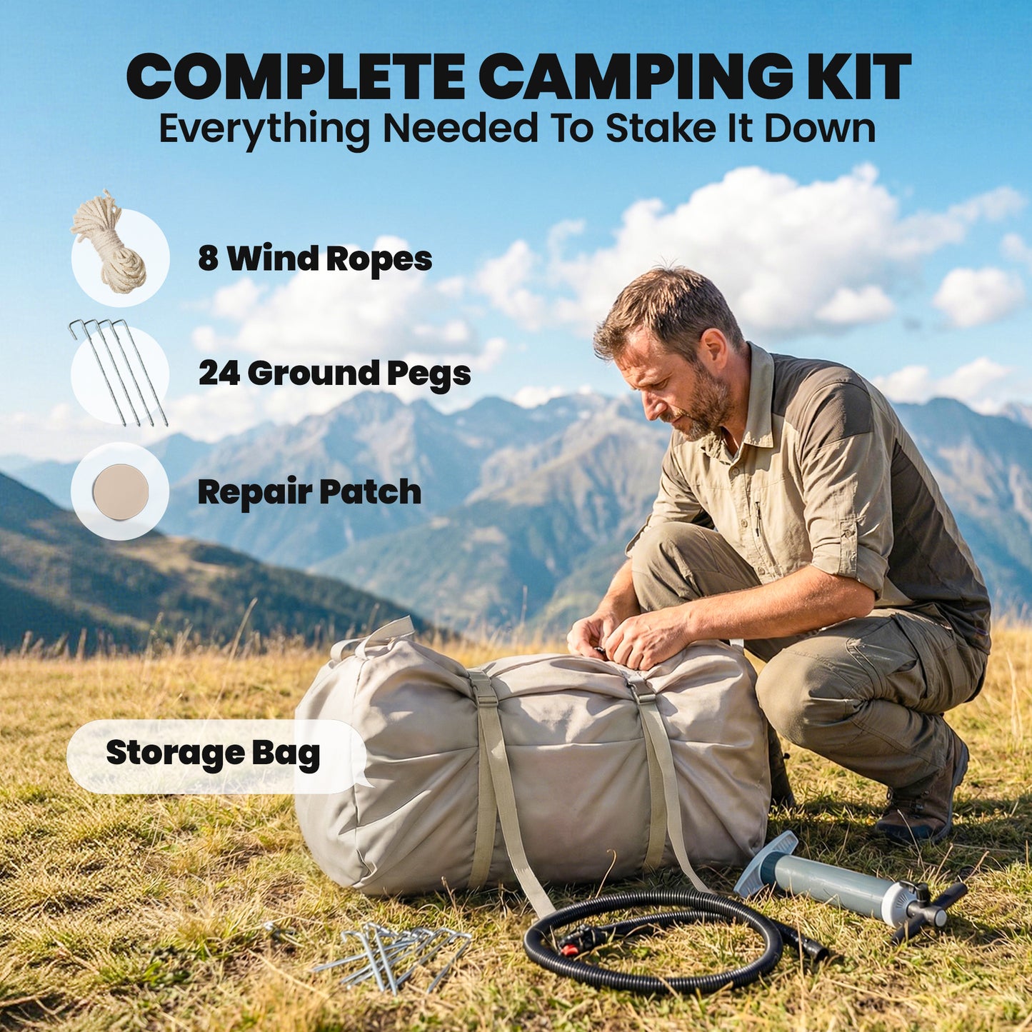 Inflatable Camping Tent, 4 Season Hot Tent 10000mm Waterproof with Chimney Opening, Sky Light and Air PumpKhaki