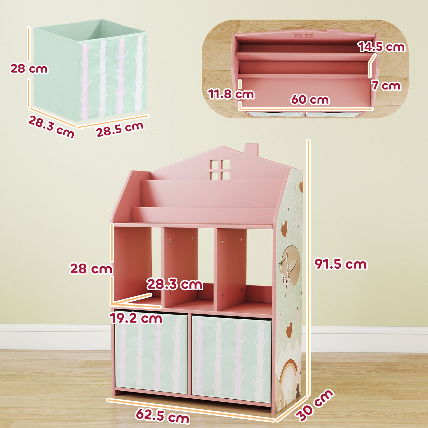 Kids Bookshelf with Storage, Toy Storage Unit for Playroom, Pink