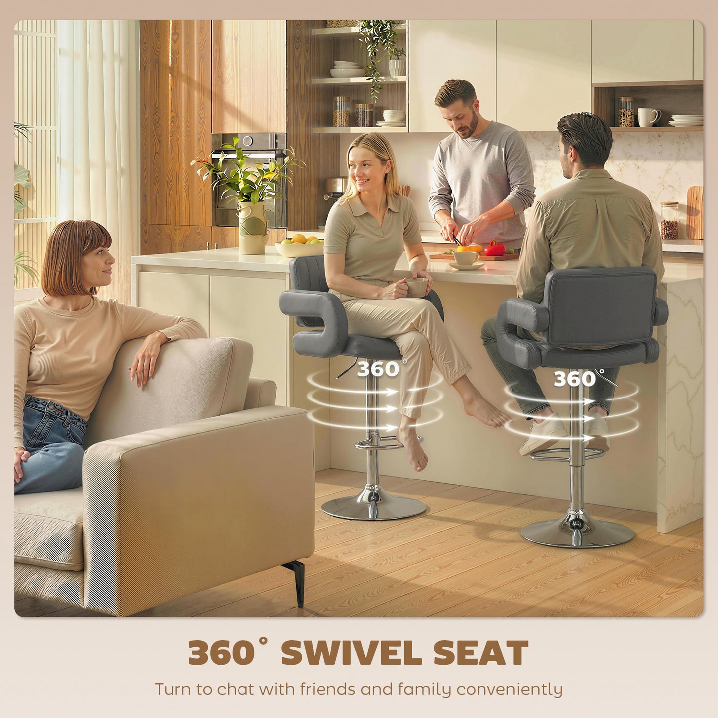 Bar Stools Adjustable Swivel with Armrest Set of 2 Grey