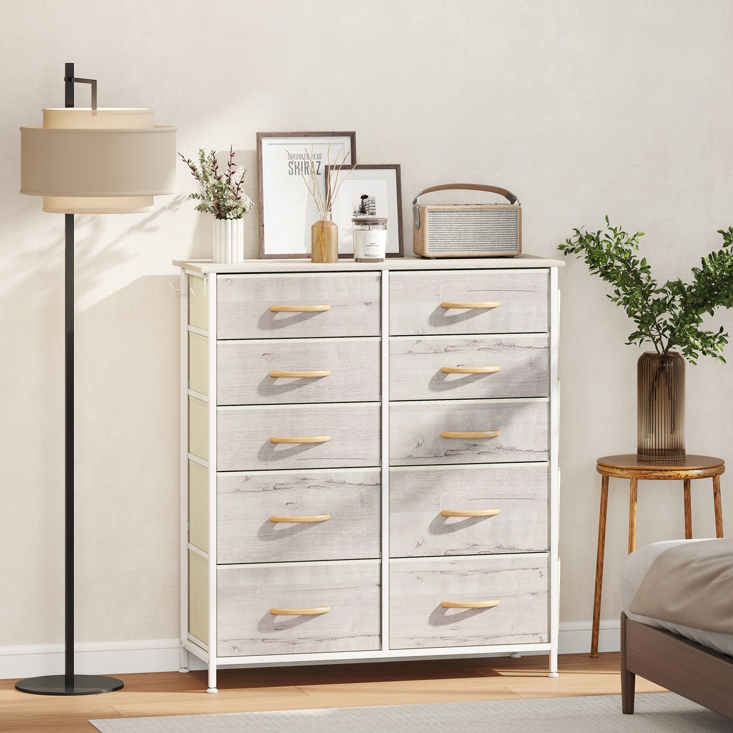 Fabric Chest of Drawers, 10 Drawer Dresser for Bedroom, Natural Wood
